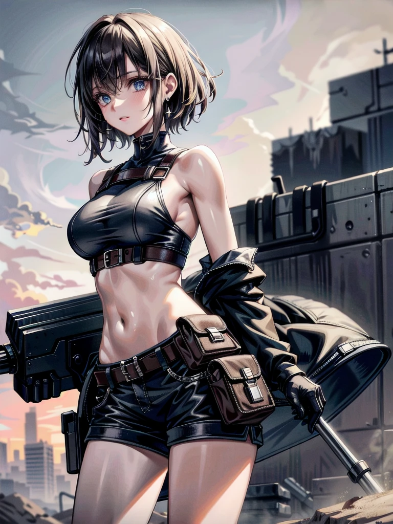 whole body, gunman attire, post apocalyptic desert city, absurdres, RAW photo, extremely delicate and beautiful, masterpiece, Best Quality, ultra high resolution, 32k, hyperrealistic, ultra-detailed, detailed description, pale skin, 20 years old, detailed beautiful face and eyes, tearful mole, earring, Colossal tits, short medium hair, wavy hair, midriff, shorts,
