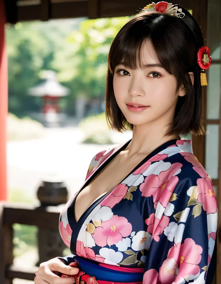 ((oiran woman)),(top-quality、8K、32K、​masterpiece、超A high resolution、nffsw:1.3)、(Japan idol:1.3)、1girl in、(cute tits)、((extremely cute breasts)),(short-hair)、abdominals、the perfect body、,((oiran woman)), Delicate facial features, Ultra-realistic, Hyper-realistic, clavicle、Shadow、octan render、((maikurobikini)),((Wear a beautiful kimono with a high degree of exposure)),hyperdetailed face、Detailed lips、finely eye、double eyelid、(Enchanting)、((agitation:1.5))、maikurobikini、、、((Female ninja)),Kunoichi Ninja、、Mystical expression、old Kyoto city shrine background、Old Town of Japan、((heavy breasts)),Toostock、mecosuji、Kimono with colorful floral pattern、highcontrast、(((Brightly colored kimono))), small breasts、,flicker、(Kimono comes off)、(arms at side down), Smile shyly, smile with a smile,