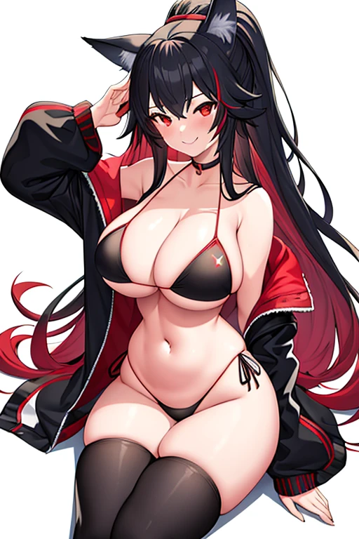 1girl, wolf ears, black bikini, red jacket, bikini, highleg bikini, jacket, red eyes, white hair, long hair, large breasts, thick thighs, smile, hourglass figure, beach