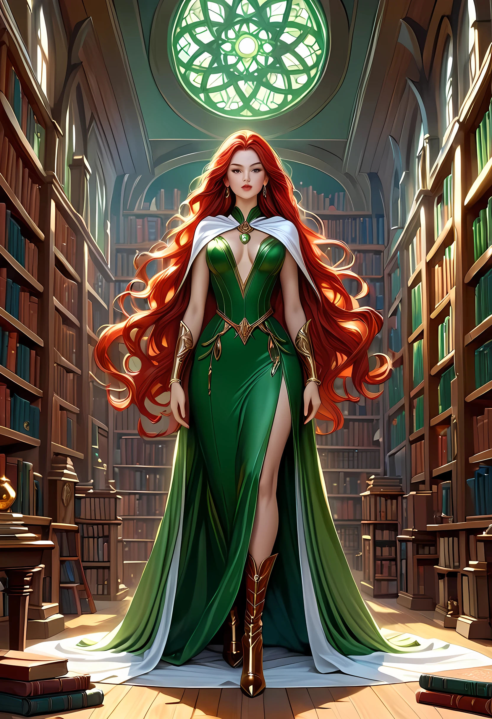 high details, best quality, 16k, [ultra detailed], masterpiece, best quality, (extremely detailed), full body, ultra wide shot, julie bell style (ultra details, Masterpiece, best quality), fantasy art, dnd art,fantasy art, realistic art, a sorceress casting a DruidMagicAI spell in magical library (ultra details, Masterpiece, best quality), exquisite beautiful human woman (ultra details, Masterpiece, best quality), red hair, long hair, (long green dress: 1.2), (white cloak: 1.3), high heeled boots (ultra details, Masterpiece, best quality) DruidMagicAI