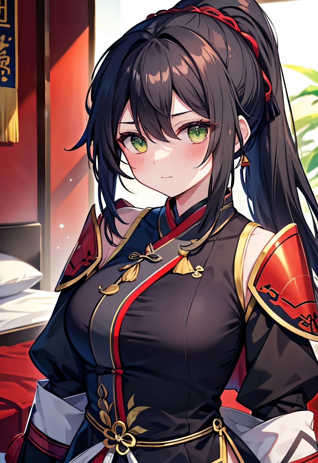 Black Hair，Green Eyes，Long hair，Ponytail，blush，Qin Liangyu（fate）Large Breasts，Red Hanfu armor，Bedroom Background，Female General