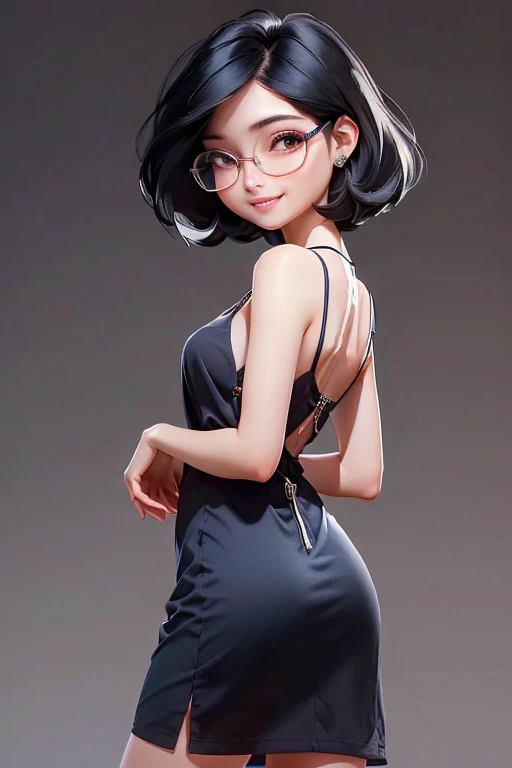(masterpiece), (8k, best quality, high resolution), (ultra-detailed, realistic), (anatomically correct),
((Portrait)), (Standing), (((looking back))), (No background),
(1woman), (looking at viewer), (show your back),
(A Japanese woman, 30 years old and 155cm tall.),
(black hair), (straight hair), (short hair style), (bob cut), (hair behind ears),
(wear glasses), ((black cell frame glasses)),
((Wear a navy blue spaghetti strap dress)),((Mini length dress with a simple design and minimal decoration)),
(Create a detailed image of the eye),
(Her impression is pure, clean and kind.),
((A captivating smile, just showing a few teeth.)),