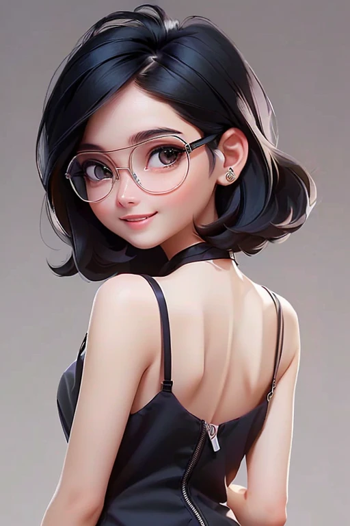 (masterpiece), (8k, best quality, high resolution), (ultra-detailed, realistic), (anatomically correct),
((Portrait)), (Standing), (((looking back))), (No background),
(1woman), (looking at viewer), (show your back),
(A Japanese woman, 30 years old and 155cm tall.),
(black hair), (straight hair), (short hair style), (bob cut), (hair behind ears),
(wear glasses), ((black cell frame glasses)),
((Wear a navy blue spaghetti strap dress)),((Mini length dress with a simple design and minimal decoration)),
(Create a detailed image of the eye),
(Her impression is pure, clean and kind.),
((A captivating smile, just showing a few teeth.)),