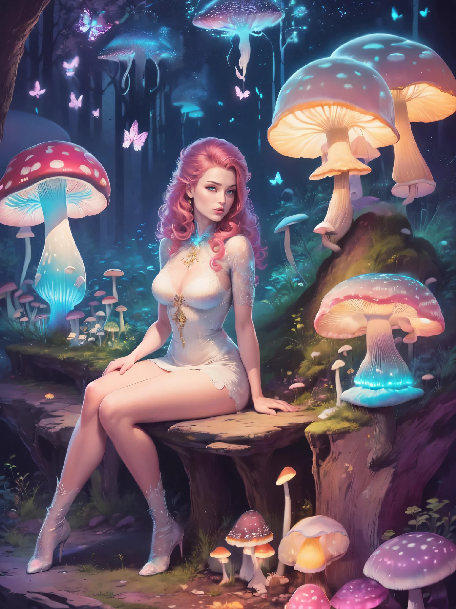 a picture of an exquisite beautiful female fairy sitting on a (Bioluminescent Mushroom: 1.4) under the starry night sky at the forest, dynamic angle (ultra detailed, Masterpiece, best quality), ultra detailed face (ultra detailed, Masterpiece, best quality), ultra feminine, fare skin, pink hair, wavy hair, dynamic eyes color, glowing eyes, intense eyes, red lips, wearing white dress, elegant silk dress (ultra detailed, Masterpiece, best quality), butterfly wings (ultra detailed, Masterpiece, best quality), wearing high heeled boots, phosphorous glowing Bioluminescent Mushroom, sky full of stars background, moon, beat details, best quality, 8k, [ultra detailed], masterpiece, best quality, (ultra detailed), full body, ultra wide shot, photorealism, fantasy art, gl0w1ngR,