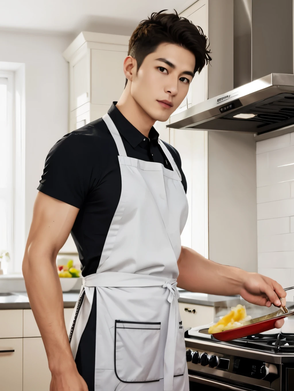 1man, front view, naked apron, elegantly cooking in a kitchen , wearing a chic apron, penis head shows below apron, 