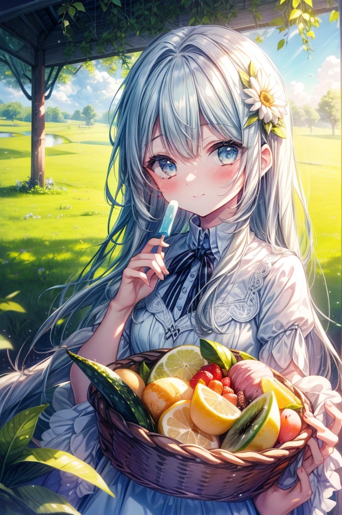 flat chest,small brests,(masterpiece, best quality, extremely detailed, absurdres)),masterpiece, best quality, extremely detailed ,(((( light blue long hair)))),,, long hair ((blush)) , cute face,masterpiece, best quality, (Amazing,beautiful detailed eyes,,blunt bangs),high resolution,masterpiece,best quality, masterpiece, best quality, ,,,10 years oldighting, wide shot, high details, masterpiece,masterpiece, best quality, 8k resolution, cool summer day, chocolate drink,cake on the table,refreshing drink,juicy kiwi slice,freshly baked cake,delicious dessert,starry skies,sunshine,warm breeze,fun outdoor gathering,picnic basket,green grass,comfortable picnic blanket,beautiful flowers,iced beverage,cute tablecloth,vibrant colors,relaxing atmosphere,exciting summer vibes,shadows and highlights,carefree laughter,memorable moments,happy faces,enjoying nature,bright sunlight,smell of freshly cut grass,playful patterns,dripping kiwi juice,crisp and sweet flavors,sun-kissed skin,cooling sensation,bees buzzing around,melting popsicles,smiling children,joyful conversations,lively ambiance
