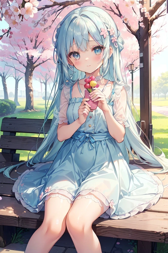 masterpiece, best quality, extremely detailed, (illustration, official art:1.1), 1 girl ,masterpiece, best quality, extremely detailed, (illustration, official art:1.1), 1 girl ,(((( light blue long hair)))), light blue hair, ,10  old, long hair ((blush)) , cute face, big eyes, masterpiece, best quality,(((((a very delicate and beautiful girl))))),Amazing,beautiful detailed eyes,blunt bangs((((little delicathighest quality、High resolution、detailed background、beautiful and detailed face、beautiful and smooth skin、skin texture、professional lighting、beautiful teenage girl、)、cute braided hairstyle、smiling、Have fun、 casual spring outfit、 Choosing tops or dresses with flower or cherry blossom prints will create a spring-like atmosphere.、 Pair it with pastel-colored skirts or denim skirts for added cutenesy feet are、Pair it with pumps or flat shoes for a feminine look.、 You can make it even more cute by using flower hairpins or ribbons as accessories.、 It is a typical spring event and is held in Japan to celebrate the blooming of cherry blossoms.、 Enjoy a picnic under cherry blossom trees or have a cherry blossom viewing party in a park or along a river.、 We will prepare an underlay for you to sit on, such as a leisure seat or blue seat.、 You can also use cushions and folding chairs.、 Bring food such as drinks, alcohol, bento lunches, and sweets.、 If necessary, don&#39;t forget to bring items to protect yourself from sunburn and insect bites, such as sunscreen and insect repellent.、 It is common to enjoy lunch boxes and drinks in a picnic mood.、 It&#39;s a good idea to prepare food that goes well with cherry blossom viewing, such as rice balls, sushi, and cherry blossom viewing bentos.、 In addition to spending time under the cherry blossom trees, you can also enjoy shopping and eating and drinking at nearby shops and stalls.、 Enjoy the scenery and the dancing cherry blossom petals, and have fun with your friends and family by playing music, playing games, and chatting.