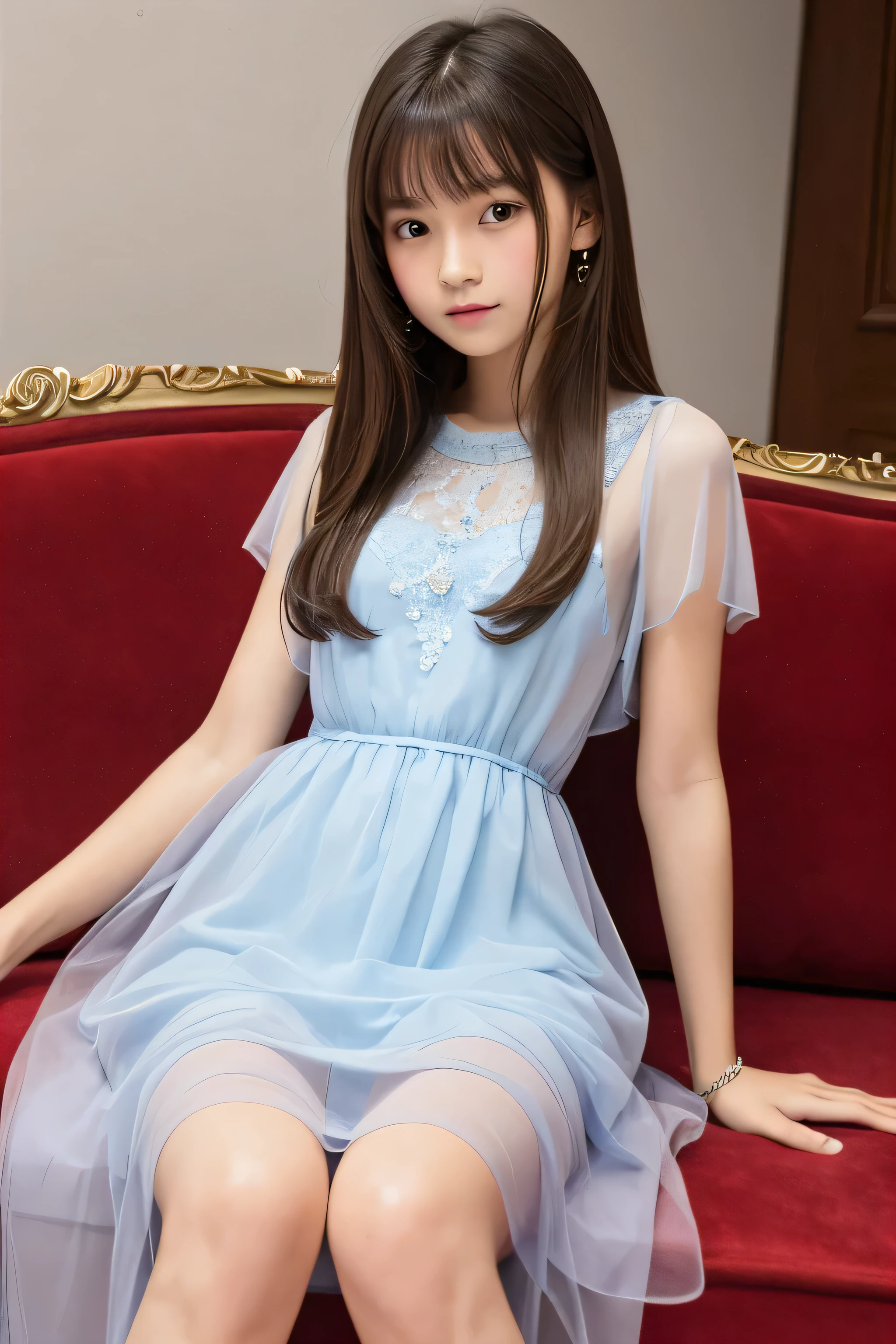 ((highest quality)), ((Photo quality)), (detailed), Perfect Face,,sofa,Thin,Sheer dress