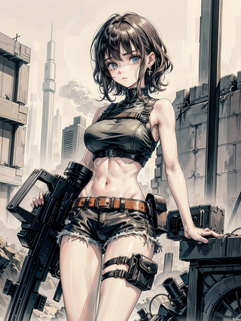 whole body, gunman attire, post apocalyptic desert city, absurdres, RAW photo, extremely delicate and beautiful, masterpiece, Best Quality, ultra high resolution, 32k, hyperrealistic, ultra-detailed, detailed description, pale skin, 20 years old, detailed beautiful face and eyes, tearful mole, earring, Colossal tits, short medium hair, wavy hair, midriff, shorts,