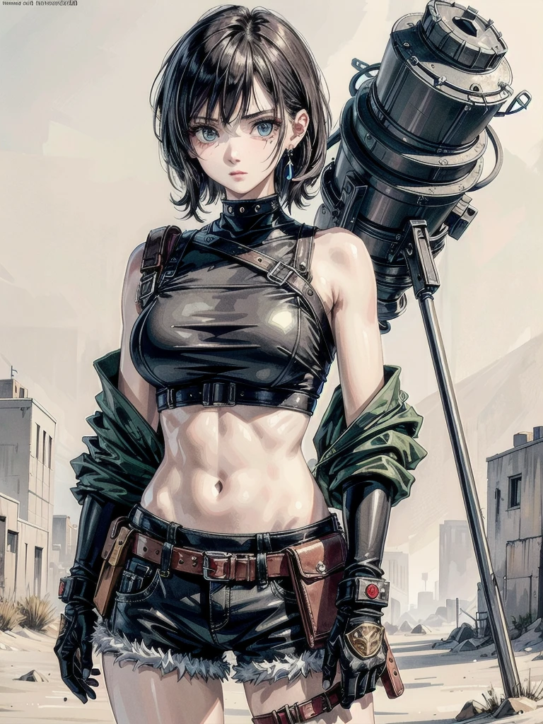 whole body, gunman attire, post apocalyptic desert city, absurdres, RAW photo, extremely delicate and beautiful, masterpiece, Best Quality, ultra high resolution, 32k, hyperrealistic, ultra-detailed, detailed description, pale skin, 20 years old, detailed beautiful face and eyes, tearful mole, earring, Colossal tits, short medium hair, wavy hair, midriff, shorts,