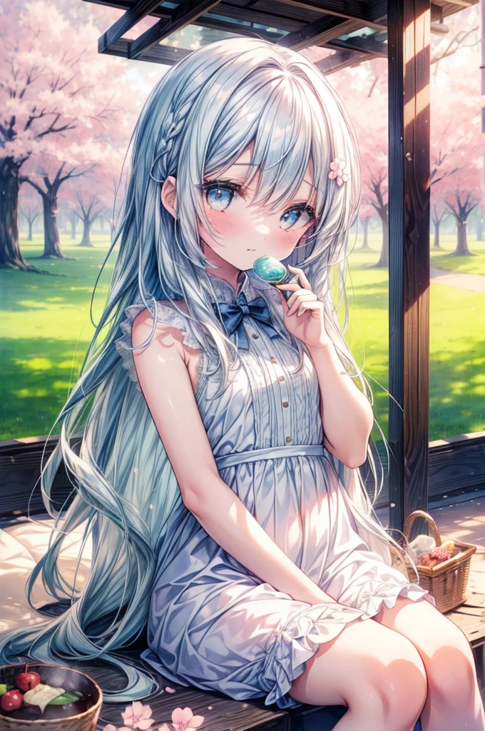 masterpiece, best quality, extremely detailed, (illustration, official art:1.1), 1 girl ,masterpiece, best quality, extremely detailed, (illustration, official art:1.1), 1 girl ,(((( light blue long hair)))), light blue hair, ,10 years old, long hair ((blush)) , cute face, big eyes, masterpiece, best quality,(((((a very delicate and beautiful girl))))),Amazing,beautiful detailed eyes,blunt bangs((((little delicate girl)))),tareme(true beautiful:1.2),Pale blue hair，By bangs，long whitr hair，eyes blue，By bangs，teens girl，Lolita long dress，All body，, (masterpiece, highest quality), close, wide angle, Fisheye, young，elementary school girl，naked，close，smile，eat，(sitting on the floor:1.2)，next to a small kotatsu，(A sheet full of food，Rich cuisine，Heaps of food)，Spring in the park，Cherry blossom trees，Cherry blossom viewing，(Heaps of food on the Picnic sheet)，outside，comfortable，small cat，grass，Picnic sheet，SakuraFubuki，bright，white，watercolor，
