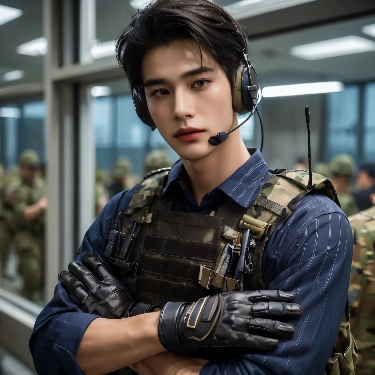 ((highest quality, 8K, masterpiece: 1.3))、a 25 year old young male soldier, close-cropped black hair, wearing navy blue camouflage clothes, wearing a bulletproof vest, wearing black gloves, looks like an Asian, dashing pose, wearing a headset over his ears, background at army headquarters, high quality, realistic, perfect body shape