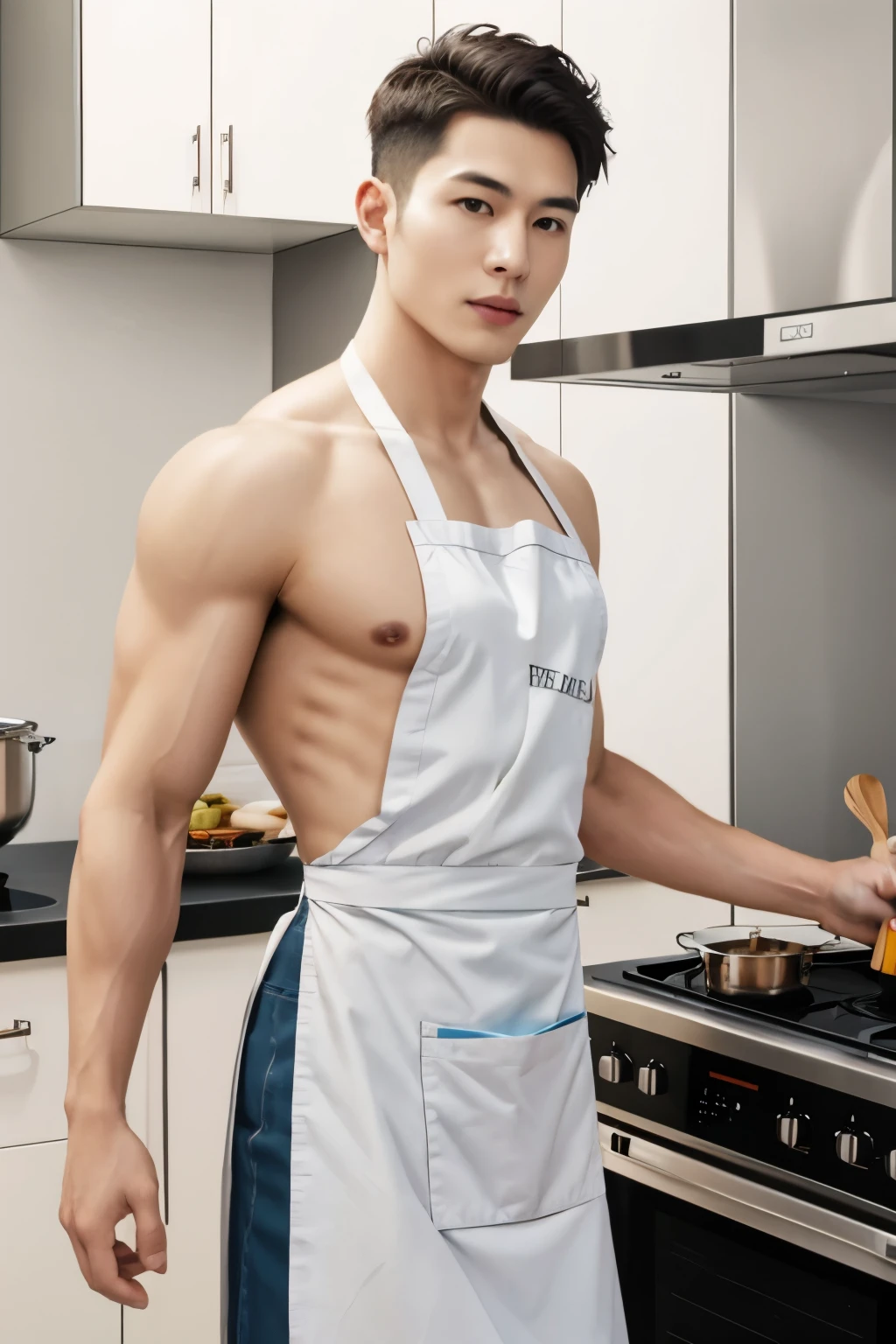 1man, front view, naked apron, elegantly cooking in a kitchen , wearing a chic apron, penis head shows below apron, 