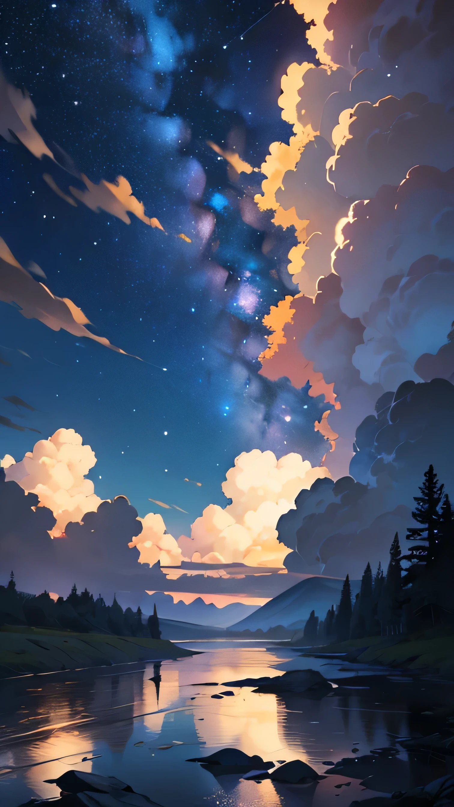 beautiful landscape. A large yellow one in the night sky is surrounded by bright stars and soft large clouds. The river is dark red, and the sky is black. There&#39;s not a tree around, only clouds