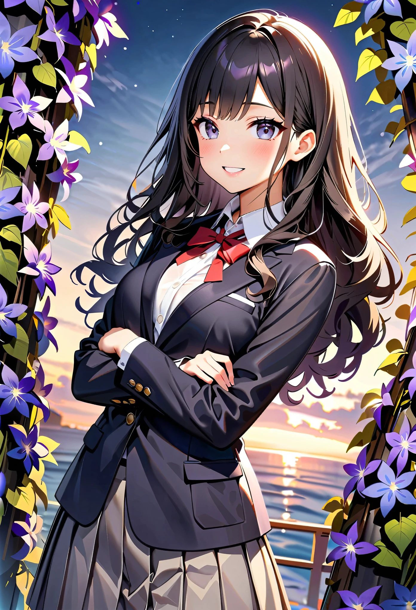 (highest quality:1.2, Very detailed, Ultra-high resolution, masterpiece:1.2, highest quality, Best aesthetics), (((1 girl))), Beautiful woman, , jk, blazer, Collared shirt with red ribbon, Pleated skirt, (Black Hair, Long Wavy Hair, Silver Eyes, Spread your arms), Reflection of light, translucent, Fascinating, smile, Watery eyes, Detailed eyes, Delicate, dream-like, Surreal, ((clematis, Purple Flower, Wrapped around the fence, Vines)), Soft Light, Elegant gestures, Shallow depth of field, Bokeh:1.2.