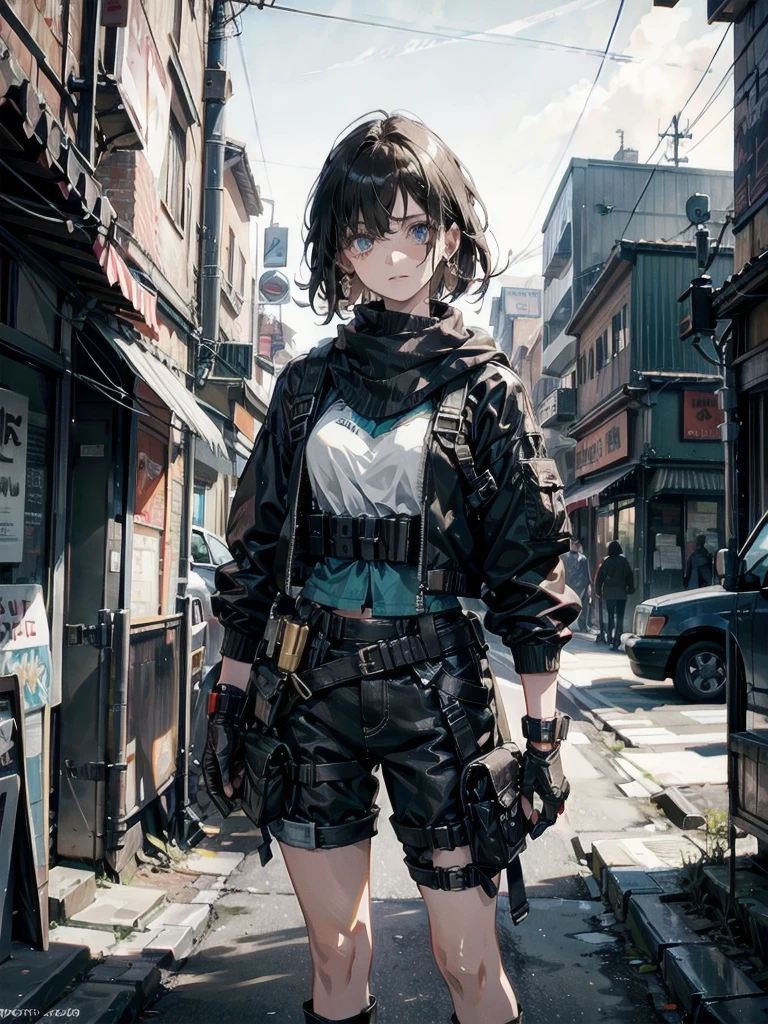 whole body, gunman attire, post apocalyptic desert city, absurdres, RAW photo, extremely delicate and beautiful, masterpiece, Best Quality, ultra high resolution, 32k, hyperrealistic, ultra-detailed, detailed description, pale skin, 20 years old, detailed beautiful face and eyes, tearful mole, earring, Colossal tits, short medium hair, wavy hair, midriff, shorts,