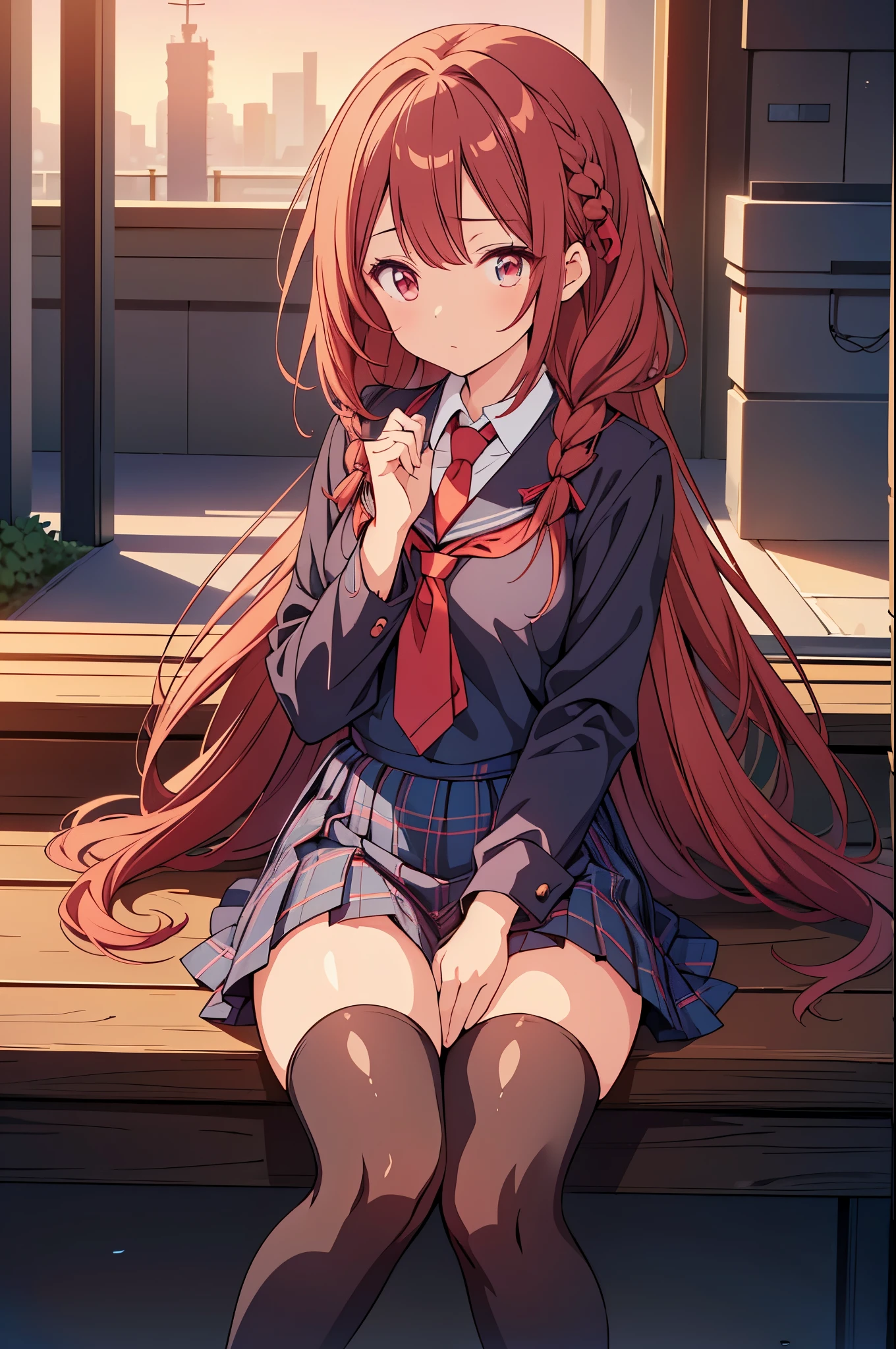 (highest quality:1.2, Anime artwork, Anime Style, Studio Anime, Very detailed, up to date, Vibrant, Anime Coloring, High Contrast, masterpiece:1.2, highest quality, Best aesthetics), blue plaid pleated skirt:1.5, Red tie:1.5, Black blazer, (Private School Uniforms), Beautiful thighs, Black Stockings, Gradient Hair, Long hair braided low, Perfect body line, Skin with attention to detail, cute, Detailed face, Sitting, Open your hands, alley, stage, Accurate Fingers, evening, Illuminated by the setting sun, Soft lighting,