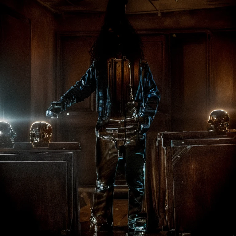 gritty cinematic photograph of a man standing in front of a table with two beautiful women's heads on it, a headless man in the foreground (gore), broken skull exposing brains on another table, highly detailed masterpiece