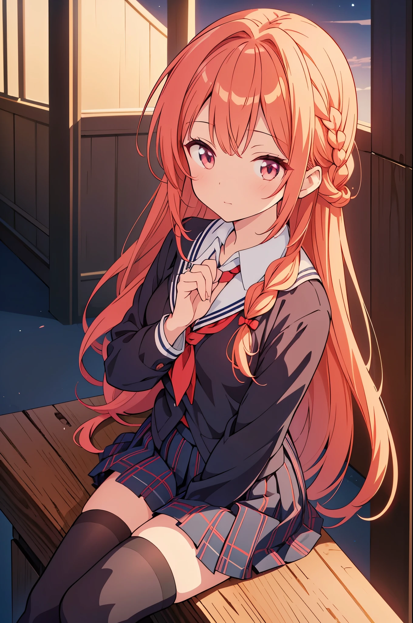 (highest quality:1.2, Anime artwork, Anime Style, Studio Anime, Very detailed, up to date, Vibrant, Anime Coloring, High Contrast, masterpiece:1.2, highest quality, Best aesthetics), blue plaid pleated skirt:1.5, Red tie:1.5, Black blazer, (Private School Uniforms), Beautiful thighs, Black Stockings, Gradient Hair, Long hair braided low, Perfect body line, Skin with attention to detail, cute, Detailed face, Sitting, Open your hands, alley, stage, Accurate Fingers, evening, Illuminated by the setting sun, Soft lighting,