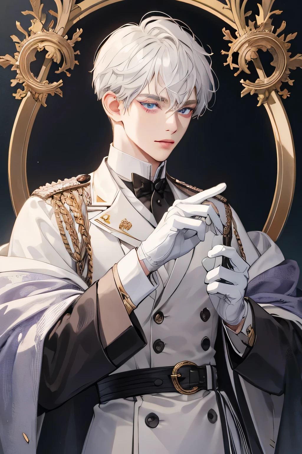 Prince, old Man, male, 1boy, manly, shine, depicting Equal eyes, golden eyes (A Male god) Look at camera, depicting delicate facial features, white gold uniform victorian, white gloves, gothic style, ribbon, silver white short hair, extreme detail, delicate depiction, lilac eyes, royal, elegant, noble, royal dress, lilac eyes, lilac eyes, perfect eyes