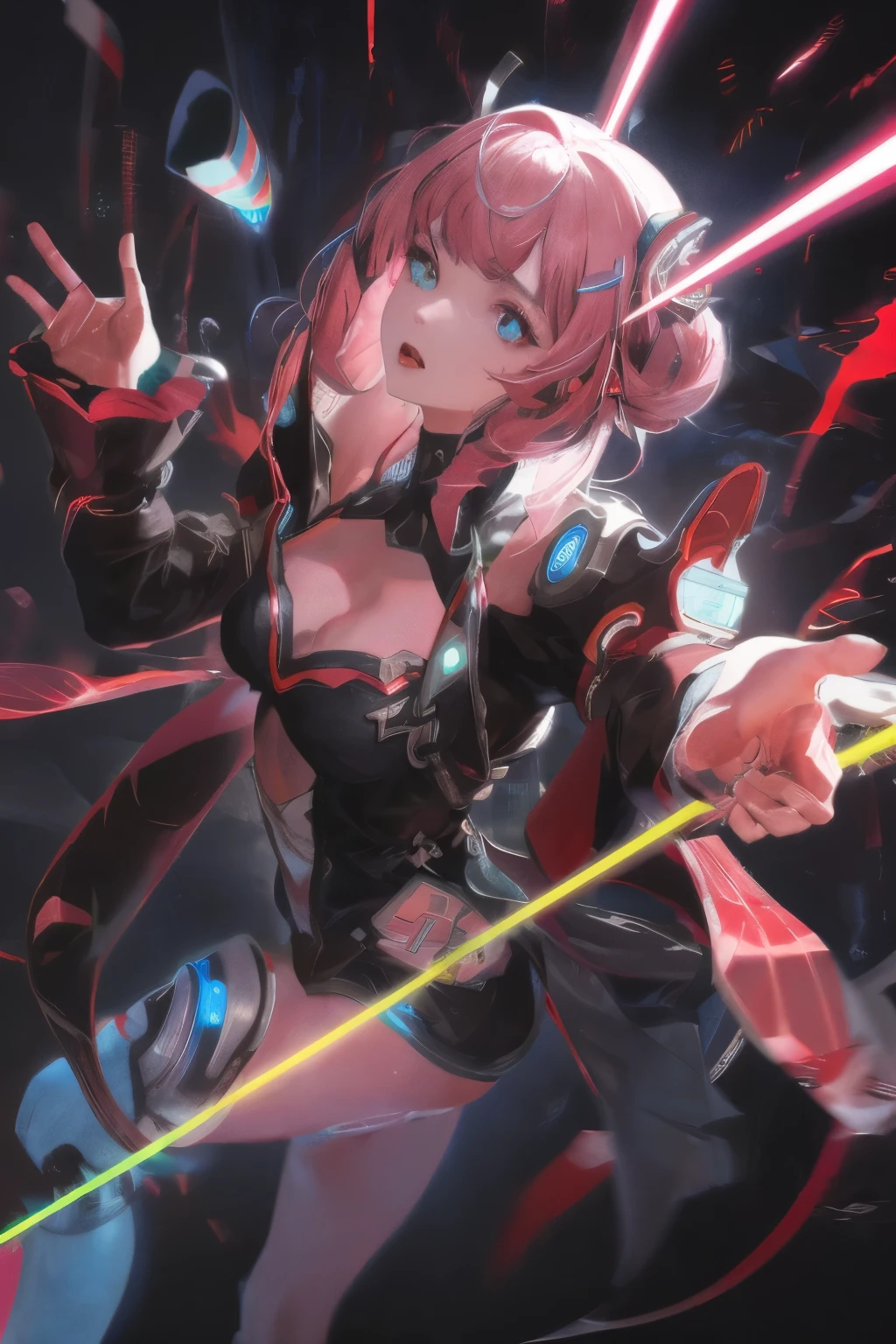 Cyberpunk, Pink Hair, Futurism, Surreal, Ultra wide angle, Wide-angle lens, look up, Dynamic Movement, expressive, Energetic, Sacred Edge of Cinema, Laser holographic pictures