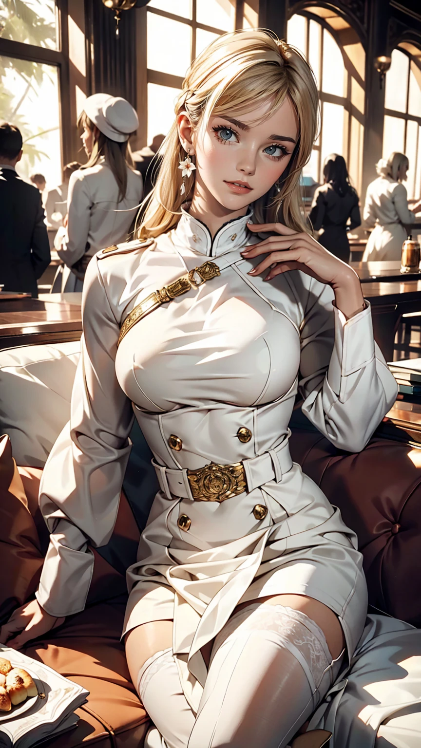 Several women in white uniforms posing sexy, Harem, cushion, Lots of light
