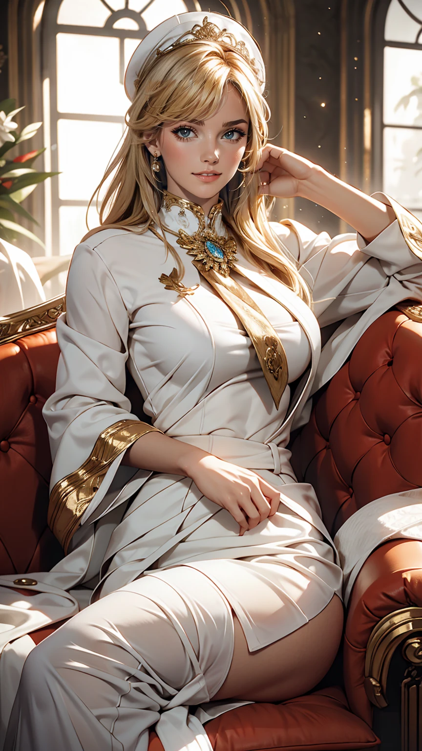 Several women in white uniforms posing sexy, Harem, cushion, Lots of light