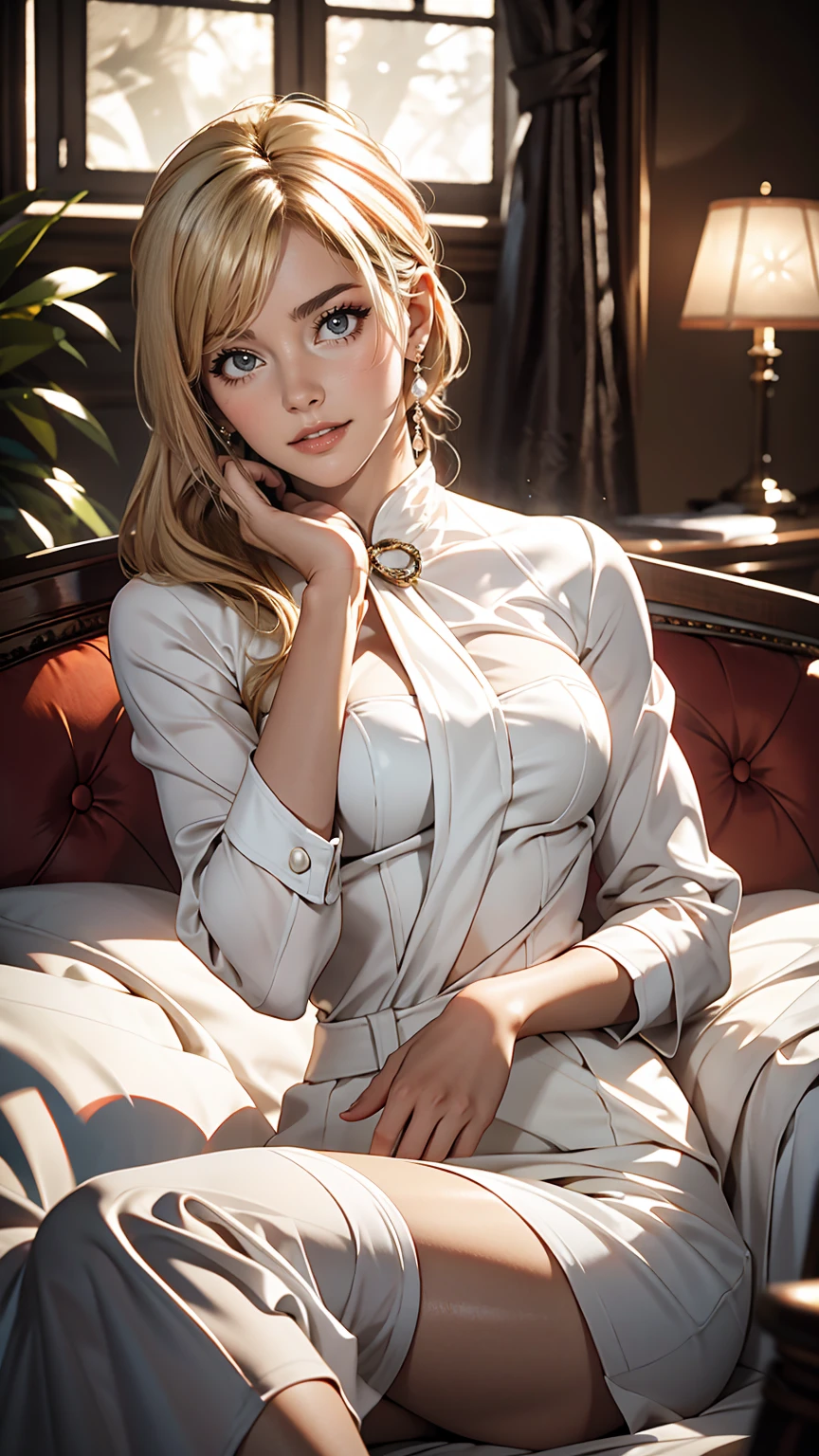 Several women in white uniforms posing sexy, Harem, cushion, Lots of light