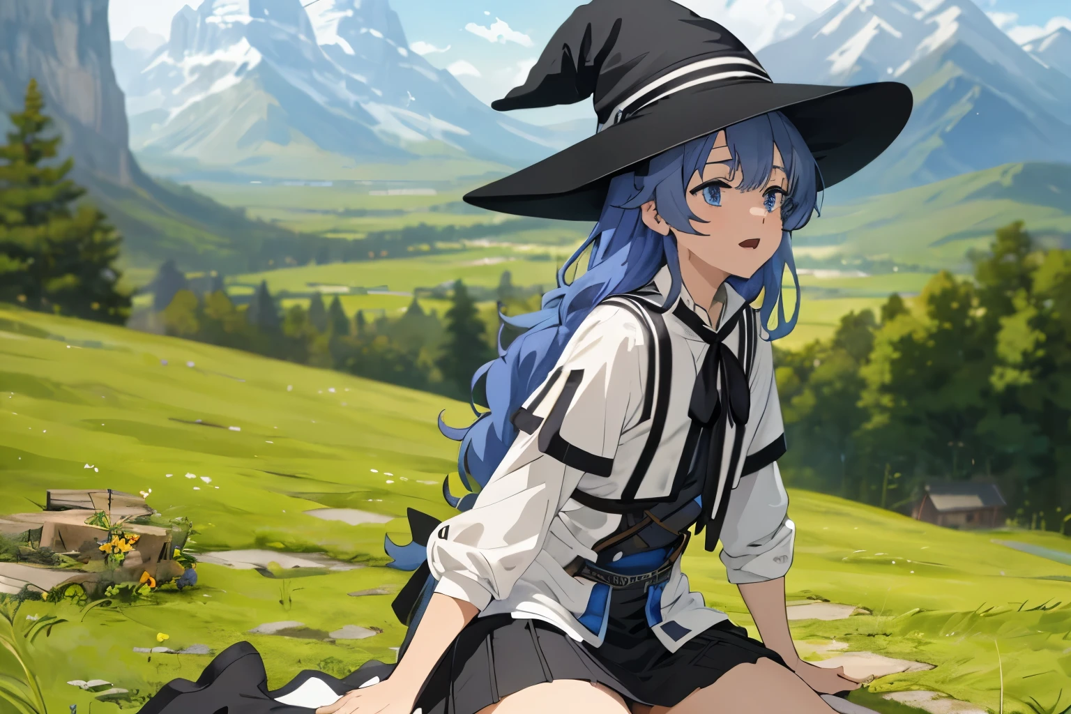 Kneeling ,NSFW,Skirt lift,realistic White lace panties,up skirt,panty shot,One girl, alone, Open your mouth, A light smile,
Twin Blade, Long Hair, Blue Hair, blue eyes,
White Dress, Neck ribbon, Black Ribbon, Black Skirt, Witch Hat, Black Hat,
Are standing, Looking at the audience,
Outdoor, Grass, wood, Mountain, break masterpiece ,8k unity wallpaper,anime key visual,highest quality, High resolution, unity 8k wallpaper, (shape:0.8),anime coloring,highly detailed face, detailed eyes,growing eyes,shiny skin,fine skin,white skin,dense skin,detailed hair,highly detailed legs,perfect lighting, Detailed CG, (perfect hands, perfect anatomy),High resolution,(Detailed wear ),short stature, compact body, limbs, small hands and feet, adorable appearance,figure:0.8,