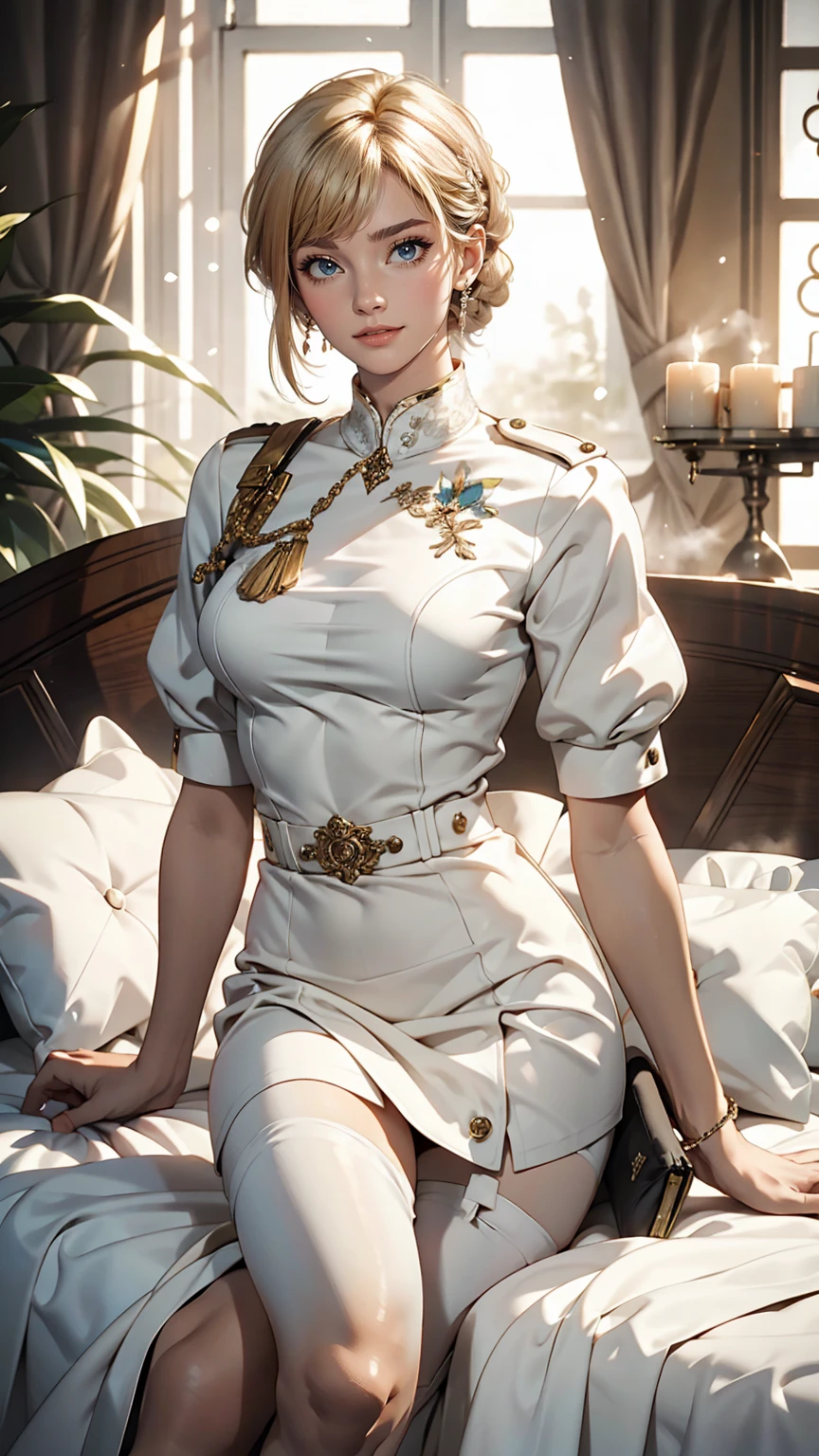 Several women in white uniforms posing sexy, Harem, cushion, Lots of light
