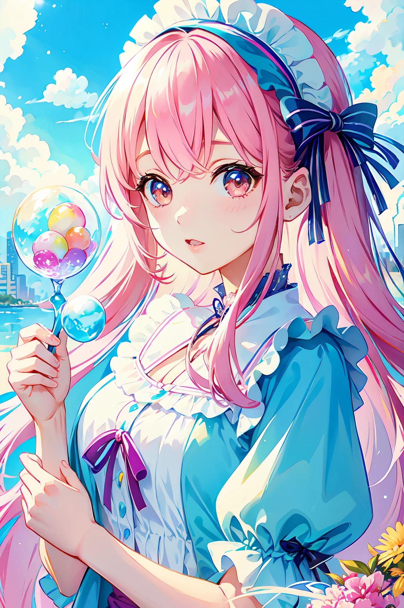 Yumekawa, dreamy cute, shopping, city, Harajuku, (masterpiece, highest quality, highest quality, watercolor (middle), Official Art, beautifully、aesthetic: 1.2), (2 girls: 1.3), (Fractal Art: 1.3), Upper Body, kiss, Lesbian, Lolita Fashion, Lolita Viewer Watch, pattern, break, (pastel hair: 1.2), break, Soap bubble, Rainbow behind, cloud, colorful, Soap bubble, Spread throughout, cute, pastel,