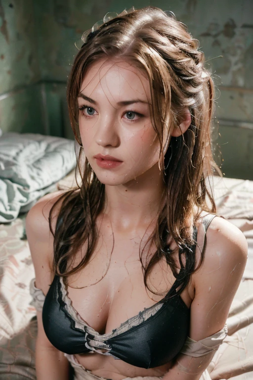 (a detailed portrait RAW photo of a gorgeous beautiful ((German)) , realistic, solo, side view, POV, looking in camera, intense stare, (masterpiece),(photorealistic:1.3), nfsw, ultra-detailed, (high detailed skin:1.2),(best quality:1.0), (ultra highres:1.0), fit, back light, slim, beautiful, Wearing a halter neck bra, revealing clothing, red and black lace bra, long hair, messy hair, 2 strands of hair tendrils, bangs, Captured from an above view angle, The scene set on bed. Best quality, 4k, Masterpiece :1.3), pretty woman, 1girl, (breasts, attractive body :1.2), abs :1.1, red brown hair: 1.1, makeup, black eyeshadow, black eyeliner, black mascara, red blush, ultra-detailed face, detailed lips, mouth closed, red lipstick, detailed eyes, bright green eyes, double eyelid, (sweaty body, sweating, wet body :1.2), (wet clothing), (wet hair), legs wide open, sprawled on bed