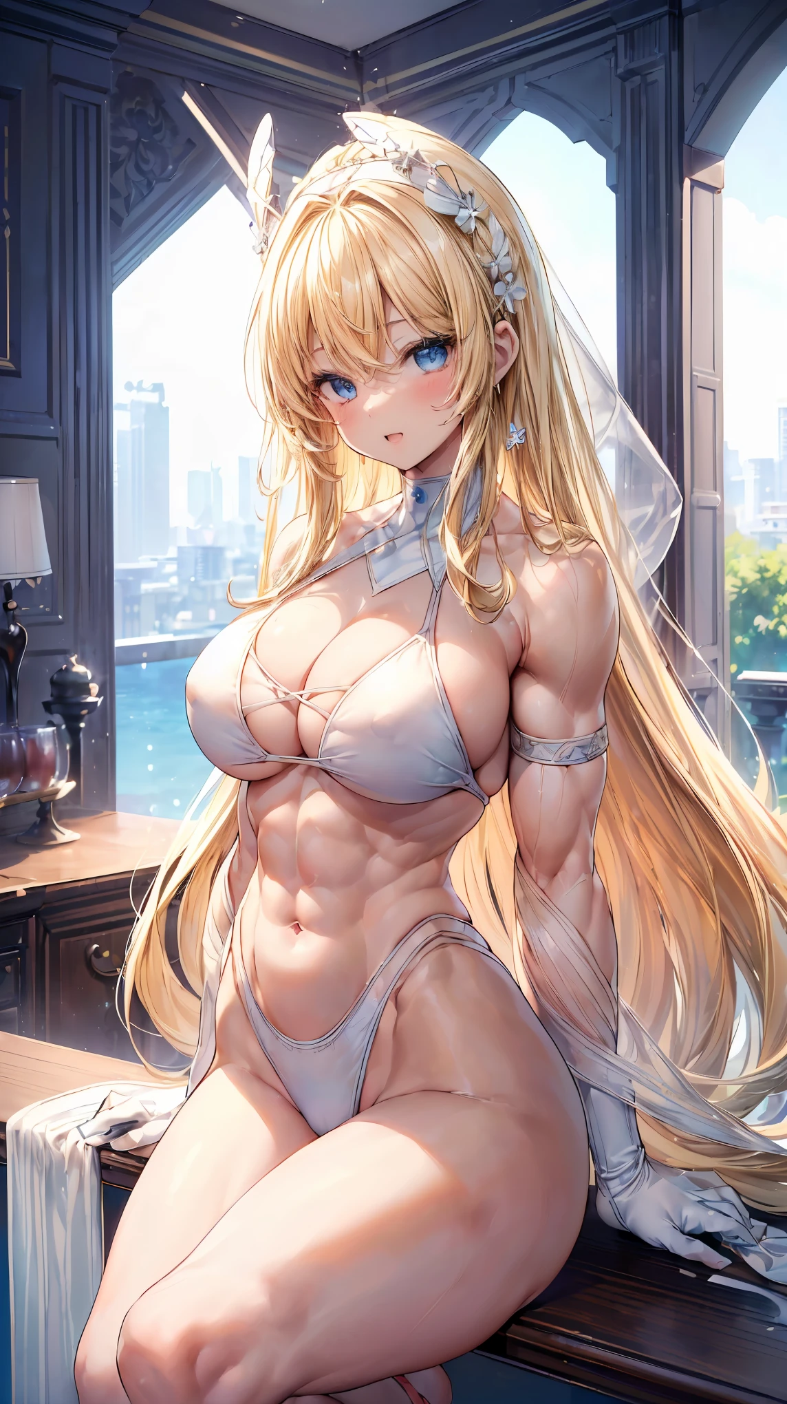 Very detailed、highest quality、Best image quality、masterpiece、8k、Anime Face、A kind smile、(Open your mouth:1.3)、Sparkling blue eyes、(Blonde semi-long hair:1.5)、(Muscles of the whole body:1.3)、(High leg:2.0)、Thigh belt、(White high cut bikini:1.5)、(Upper body photo:1.5)、(SFW Giant)、(Thick body:1.2)、(In the bedroom)