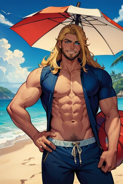 A muscular blonde haired man with blue eyes with long hair and a dark beard wearing a pair of swim trunks is smiling with an umbrella under his arm at the beach