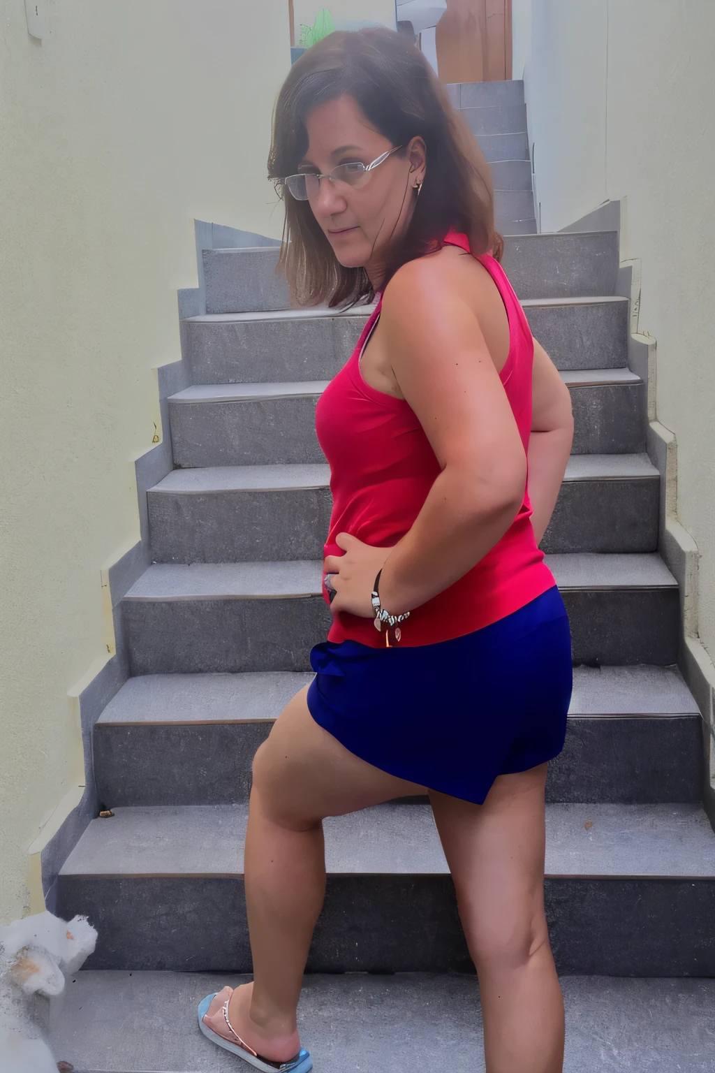 there is a woman in a red shirt and blue shorts standing on a flight of stairs, seen from the back, blue shorts and a red t-shirt, wearing a red tank top and blue shorts, photographed from the back, wearing: tank top, seen from the back, dark blue shorts and a tank top red, back photo, shades of blue and red, blue red, wearing blue shorts, masterpiece, clear photo, high quality, high resolution (ultra quality masterpiece), Ultra HD, high contrast, 16K. Masterpiece: 1.3, high resolution, (photographically realistic), NUDE, NUDITY, NFSW.
16K