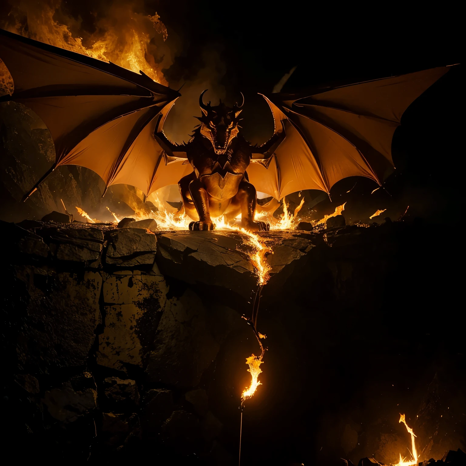 Roter Feuer Drache, schwarzer Hintergrund, goldene Kugeln um ihn herum