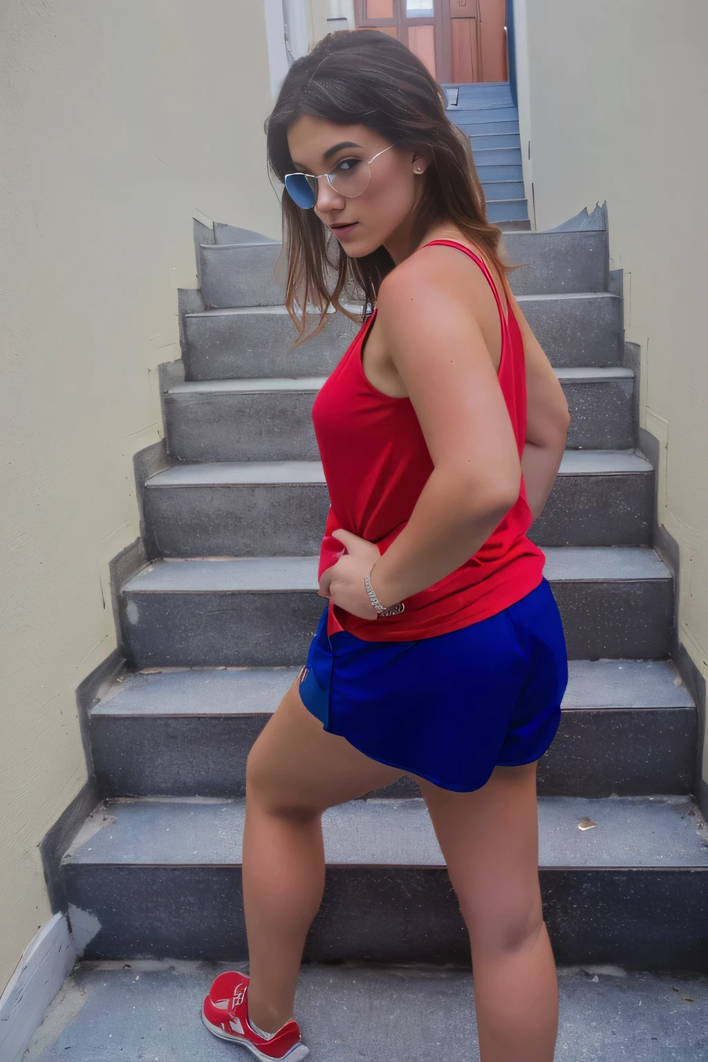 there is a woman in a red shirt and blue shorts standing on a flight of stairs, seen from the back, blue shorts and a red t-shirt, wearing a red tank top and blue shorts, photographed from the back, wearing: tank top, seen from the back, dark blue shorts and a tank top red, back photo, shades of blue and red, blue red, wearing blue shorts, masterpiece, clear photo, high quality, high resolution (ultra quality masterpiece), Ultra HD, high contrast, 16K. Masterpiece: 1.3, high resolution, (photographically realistic), NUDE, NUDITY, NFSW.

16K