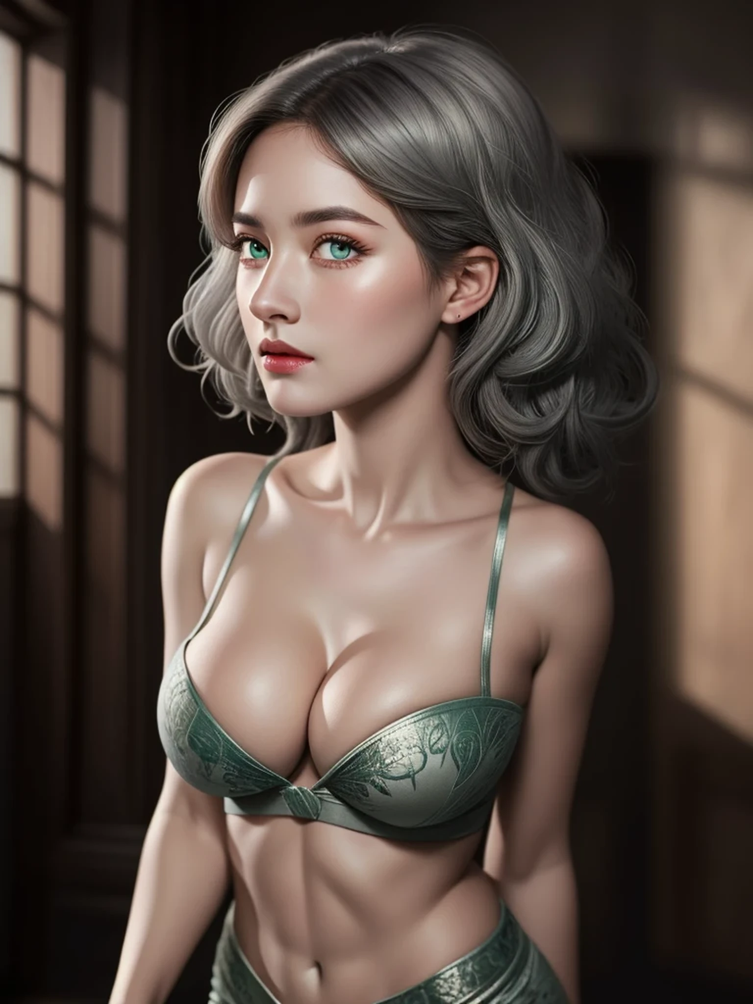 detailed lips, short wavy hair, serpents for hair, fierce expression, pale complexion, mesmerizing gaze, vibrant colors, soft lighting, (hyperrealistic), (illustration), (high resolution), (8K), (extremely detailed), (best illustration), (beautiful detailed eyes), (best quality), (ultra-detailed), (masterpiece), (wallpaper), (photorealistic), (natural light), (detailed realistic beautiful face), (high detailed realistic skin texture), (solo:1.51), (1 girl:1.52), (high detailed realistic hair), (ashgrey hair:1.35), (heterochromic eyes), (detailed eyes), (beautiful eyes:1.37), (sparkling eyes), (realistic huge breasts:1.53), (slender abs), (dynamic pose), (closed tiny mouth:1.3), (concentrated expression), (upon body from head to thigh:1.55), (looking at viewer), (double eyelids), (posing as a model), in a green park.