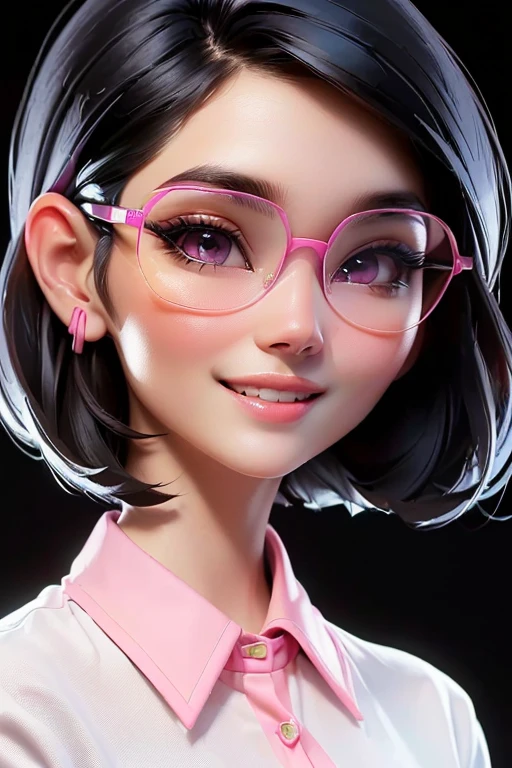 (masterpiece), (8k, best quality, high resolution), (ultra-detailed, realistic), (anatomically correct),
((face close-up)), (Standing), (No background),
(1woman), (looking at viewer),
(A Japanese woman, 30 years old and 155cm tall.),
(black hair), (straight hair), (short hair style), (bob cut), (hair behind ears),
(wear glasses), ((black cell frame glasses)),
((Wear a pink business shirt)),
(Create a detailed image of the eye),
(Her impression is pure, clean and kind.),
((A captivating smile, just showing a few teeth.)),