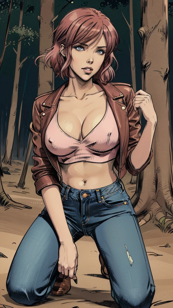 vector image, 2d cartoon,masterpiece, anime woman,colored blush hair,jeans, leather biker jacket, blouse, horny touch herself between jeans, provocative pose, gloomy orgasm, forest, crop-top, pulls down on knees,