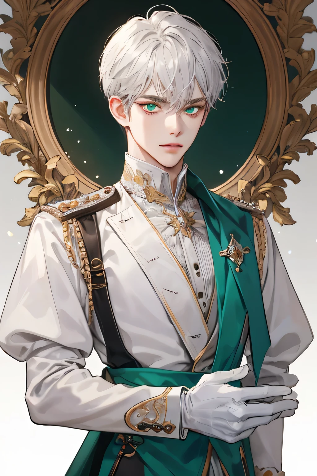 Prince, old Man, male, 1boy, manly, shine, depicting Equal eyes, golden eyes (A Male god) Look at camera, depicting delicate facial features, white gold uniform victorian, white gloves, gothic style, ribbon, silver white short hair, extreme detail, delicate depiction, lilac eyes, royal, elegant, noble, royal dress, green eyes, green eyes, perfect eyes