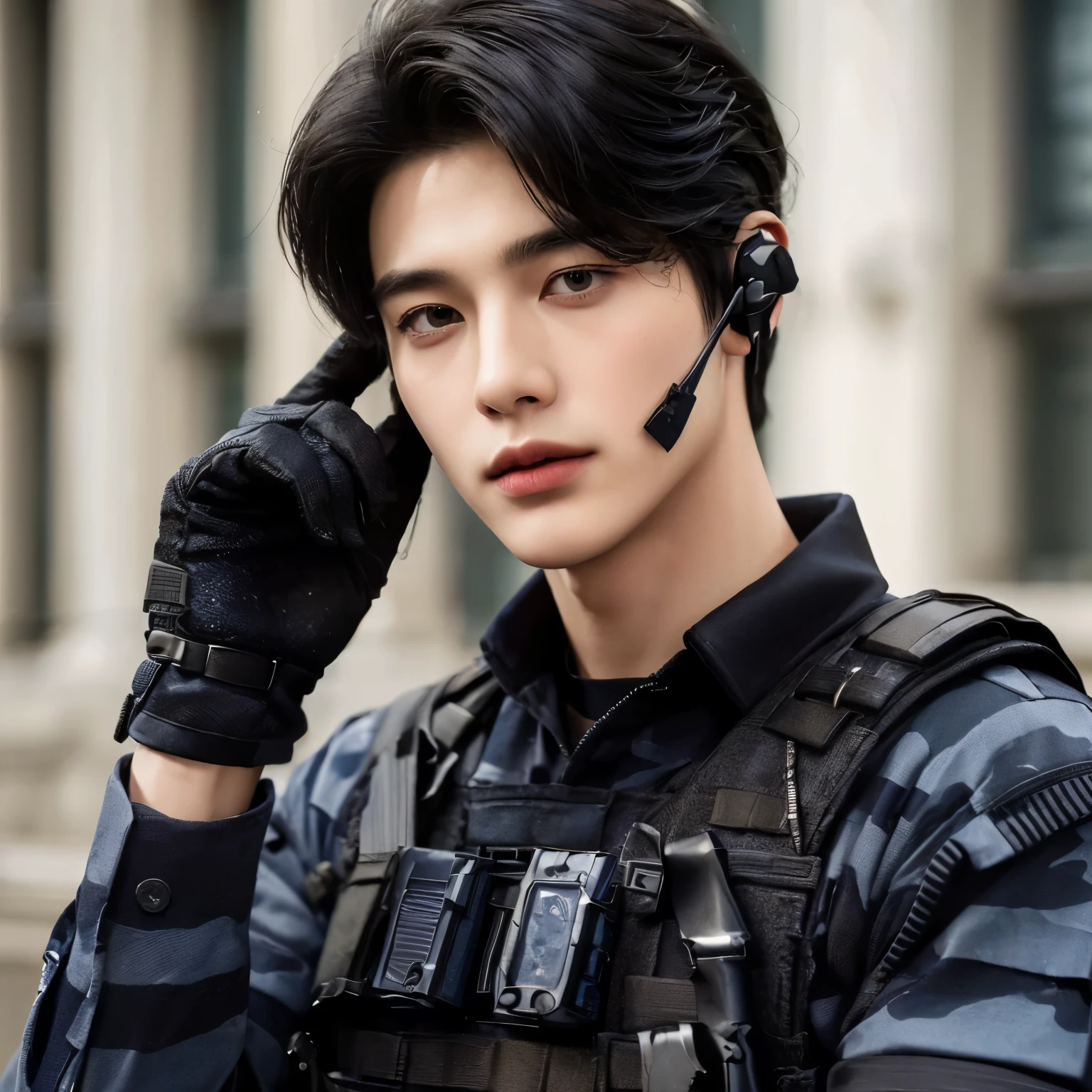 ((highest quality, 8K, masterpiece: 1.3))、a 25 year old young male soldier, close-cropped black hair, wearing navy blue camouflage clothes, wearing a bulletproof vest, wearing black gloves, looks like an Asian, dashing pose, wearing a headset over his ears, background at army headquarters, high quality, realistic, perfect body shape