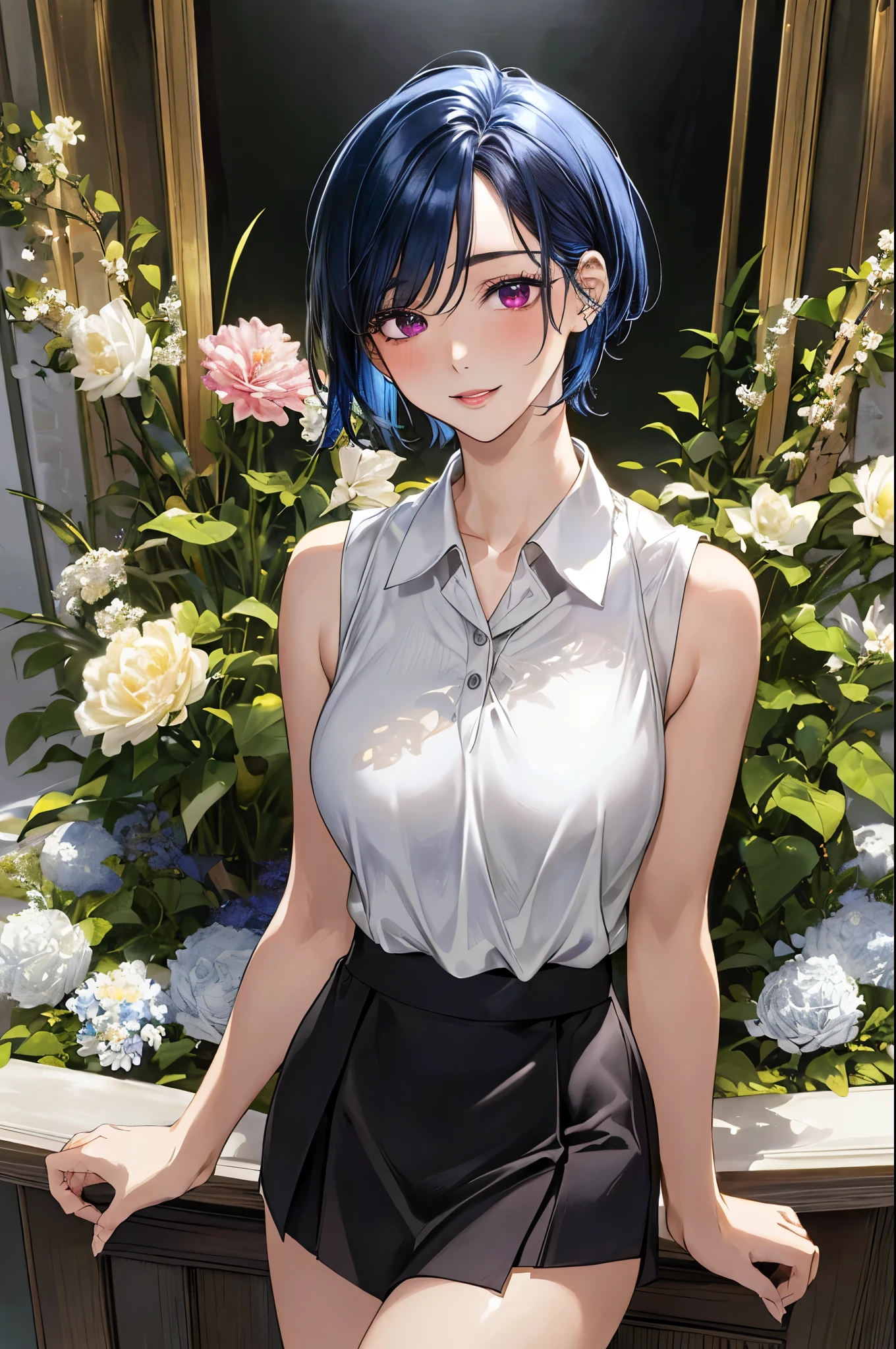 (masterpiece:1.3, top-quality, ultra high res, ultra detailed), (realistic, photorealistic:1.2), beautiful illustration, perfect lighting, natural lighting, colorful, depth of fields, surrealism,
beautiful detailed hair, beautiful detailed face, beautiful detailed eyes, beautiful clavicle, beautiful body, beautiful chest, beautiful thigh, beautiful legs, beautiful fingers, shiny skin,
looking at viewer, 1 girl, japanese, 22 years old, (perfect anatomy, anatomically correct, super detailed skin), cute and symmetrical face, babyface, perfect face, perfect eyes, perfect fingers,
(short hair:1.6, straight hair, hair slicked back:1.4, blue hair), parted bangs, dark purple eyes, big eyes, long eyelashes, faint lips, (large breasts, seductive thighs), , outstanding style,
(detailed cloth texture, break, black and white sleeveless collared polo shirt, dark maroon tight skirt), break,
(beautiful scenery), (flower shop, florist), standing, (flower arrangement), (lovely smile, parted lips),