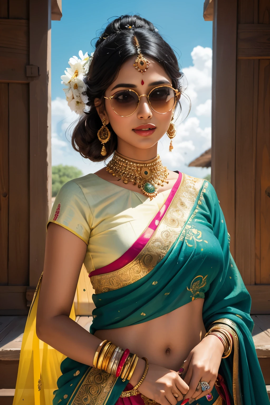 In this high quality painting illustration, a quirky Indian woman is depicted, radiantly adorned in traditional attire. With a vibrant white lehenga that elegantly swirls around her, and an olive green embroidered blouse that adds a splash of color, her outfit reflects the richness and diversity of Indian culture. The intricate embroidery on her blouse catches the light as it is backlit, enhancing the depth and texture of the painting. She wears sunglasses with a playful expression, adding a touch of quirkiness to her otherwise elegant appearance. The plain background allows the vibrant colors and intricate details of her outfit to take center stage