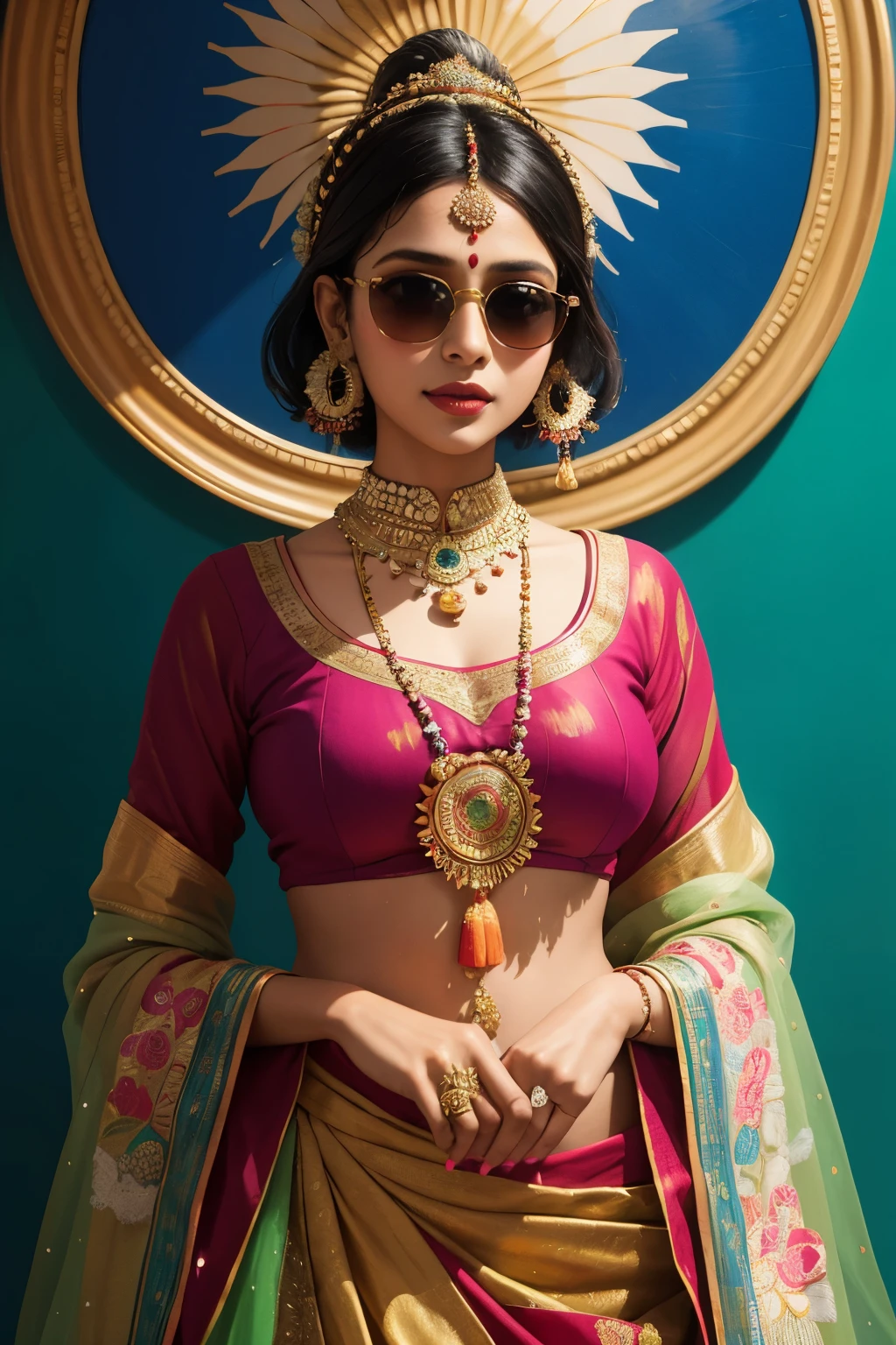 In this high quality painting illustration, a quirky Indian woman is depicted, radiantly adorned in traditional attire. With a vibrant white lehenga that elegantly swirls around her, and an olive green embroidered blouse that adds a splash of color, her outfit reflects the richness and diversity of Indian culture. The intricate embroidery on her blouse catches the light as it is backlit, enhancing the depth and texture of the painting. She wears sunglasses with a playful expression, adding a touch of quirkiness to her otherwise elegant appearance. The plain background allows the vibrant colors and intricate details of her outfit to take center stage