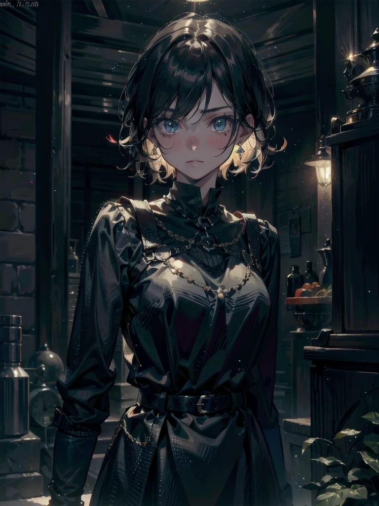 whole body, mixing potions, dark moody lighting, glow, glowing, mysterious, mystical, magical, rim lighting, absurdres, RAW photo, extremely delicate and beautiful, masterpiece, Best Quality, ultra high resolution, 32k, hyperrealistic, ultra-detailed, detailed description, pale skin, 20 years old, detailed beautiful face and eyes, tearful mole, earring, Colossal tits, short medium hair, wavy hair, 