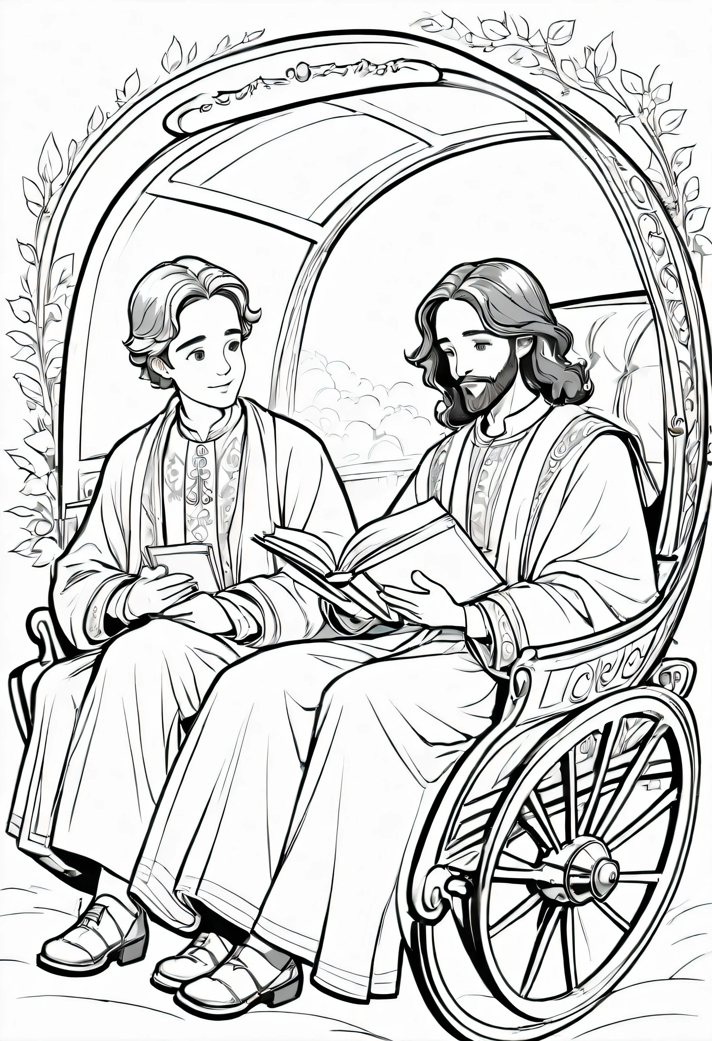 black and white outline art, for children, coloring book page, a young man reading a book to a man in his traveling carriage, completely white, children's style, white background, full body, Sketch style, , use sketch only , cartoon style, line art, coloring book, clean line art. with clothes in the time of jesus