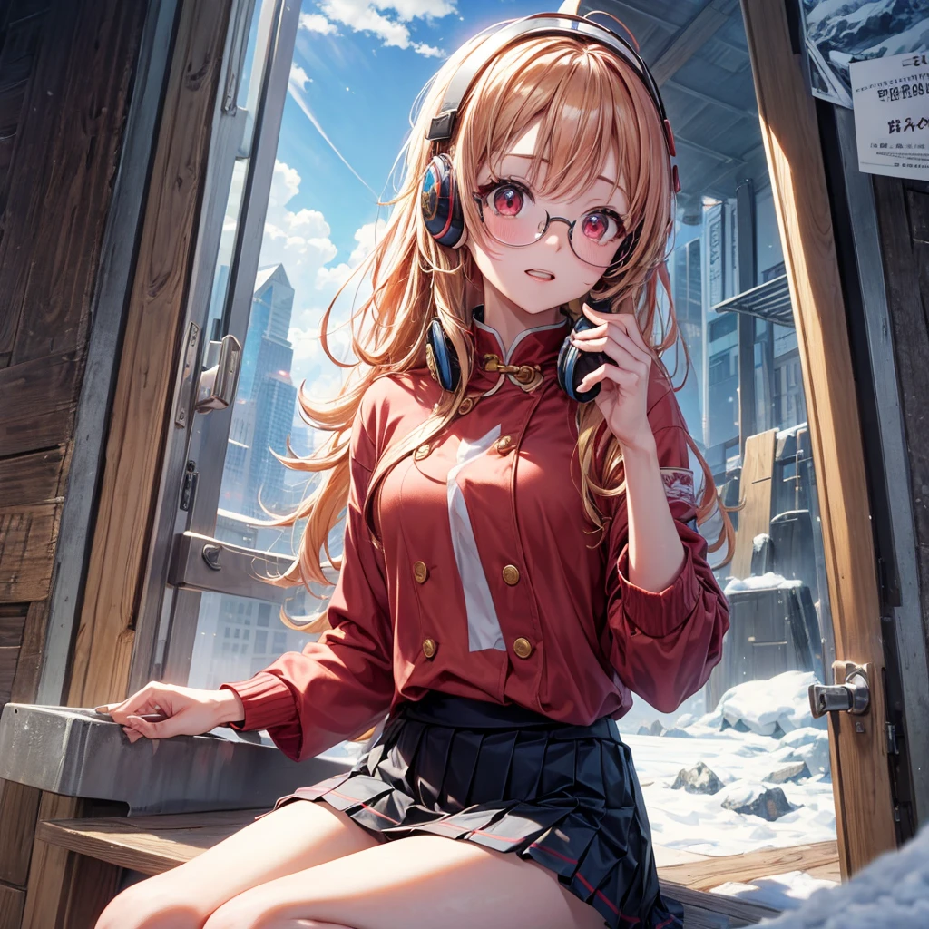 Pink gold golden hair、Red eyes、One good looking girl、solo、anime、Checkered mini skirt、The skirt has buttons、Red T-shirt、Long sleeve、China、Cape、Black knee-high socks、Wearing headphones、Wearing a ribbon、Ribbon on waist、Tilting face、Teeth are visible、Sunset sky、The rocks are exploding、Snow is piled up、Rocky Mountain、The clouds are breaking through、Contrail、Glasses、Behind him is a giant world tree、Sitting、Automatic door