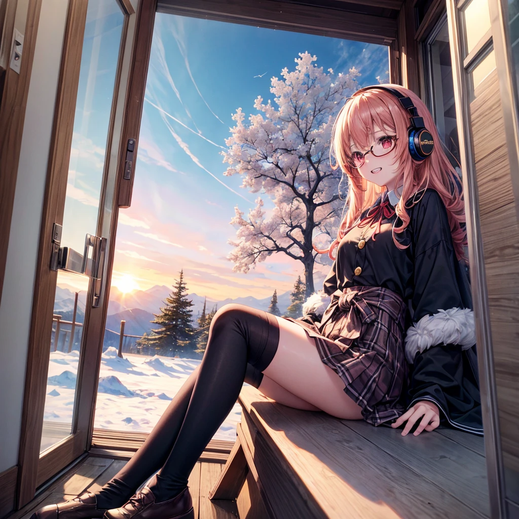 Pink gold golden hair、Red eyes、One good looking girl、solo、anime、Checkered mini skirt、The skirt has buttons、Red T-shirt、Long sleeve、China、Cape、Black knee-high socks、Wearing headphones、Wearing a ribbon、Ribbon on waist、Tilting face、Teeth are visible、Sunset sky、The rocks are exploding、Snow is piled up、Rocky Mountain、The clouds are breaking through、Contrail、Glasses、Behind him is a giant world tree、Sitting、Automatic door