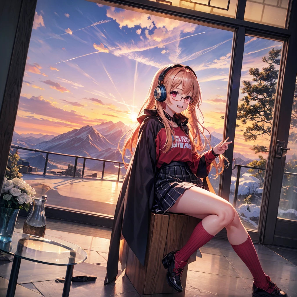 Pink gold golden hair、Red eyes、One good looking girl、solo、anime、Checkered mini skirt、The skirt has buttons、Red T-shirt、Long sleeve、China、Cape、Black knee-high socks、Wearing headphones、Wearing a ribbon、Ribbon on waist、Tilting face、Teeth are visible、Sunset sky、The rocks are exploding、Snow is piled up、Rocky Mountain、The clouds are breaking through、Contrail、Glasses、Behind him is a giant world tree、Sitting、Automatic door